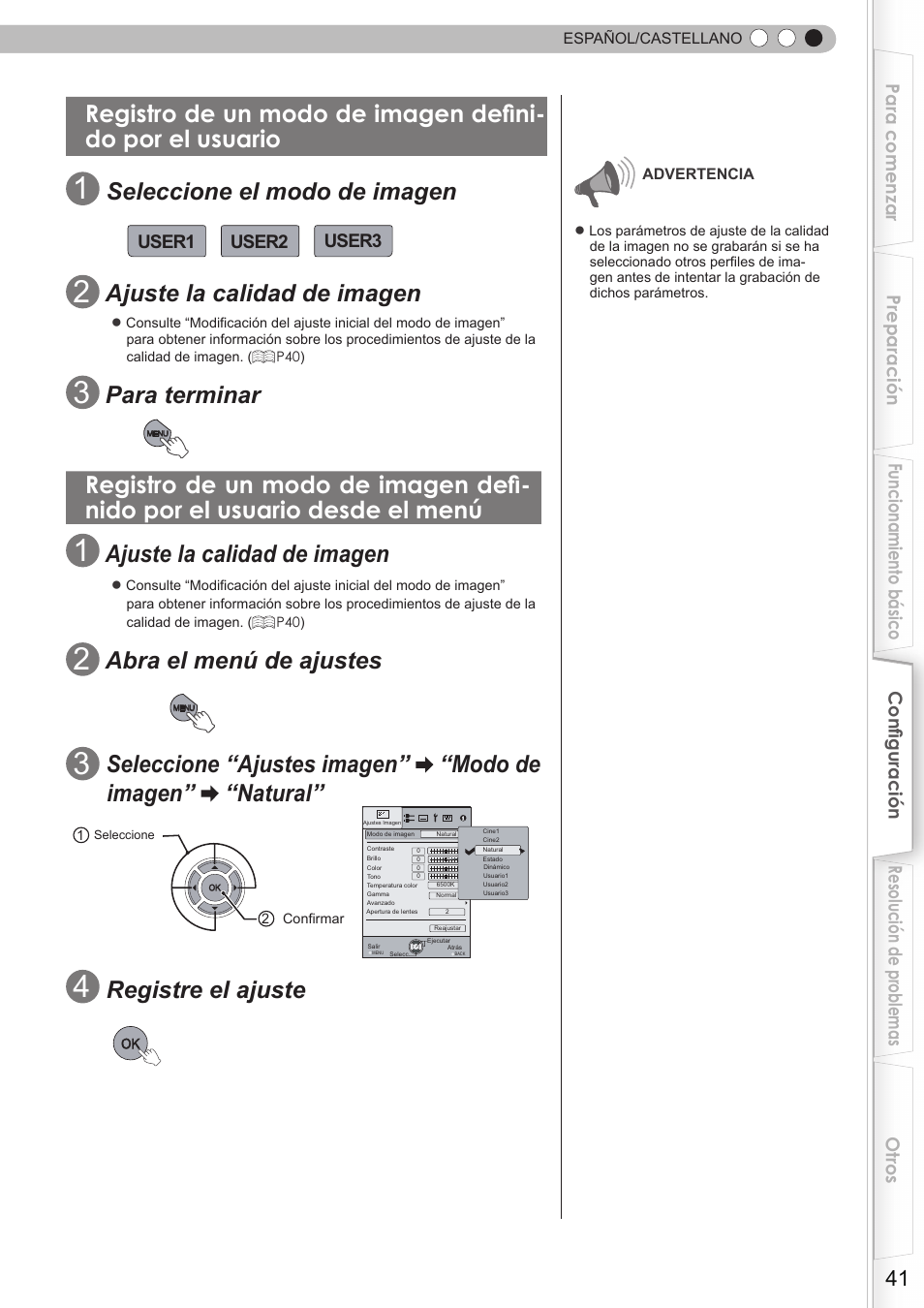 Registro de un modo de imagen definido, Por el usuario, Por el usuario desde el menú | Seleccione el modo de imagen, Ajuste la calidad de imagen, Para terminar, Abra el menú de ajustes, Registre el ajuste | JVC DLA-HD350 User Manual | Page 42 / 58
