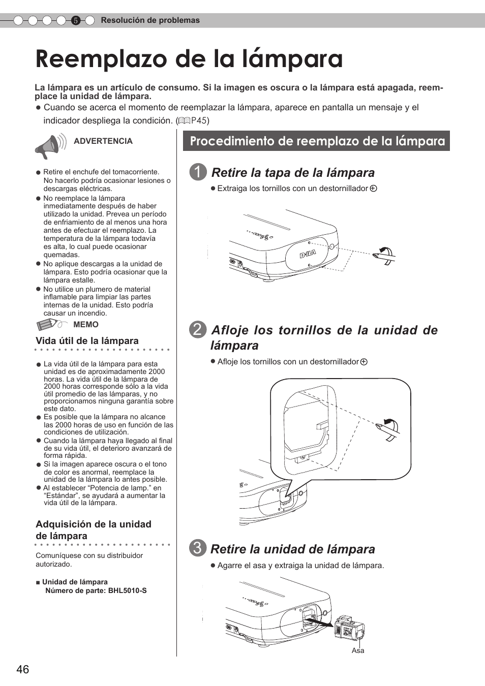 Reemplazo de la lámpara, Procedimiento de reemplazo de la, Lámpara | Apa de la lámpara, P46 a 48, Vida útil, Retire la tapa de la lámpara, Afloje los tornillos de la unidad de, Retire la unidad de lámpara, Procedimiento de reemplazo de la lámpara | JVC DLA-HD350 User Manual | Page 47 / 58