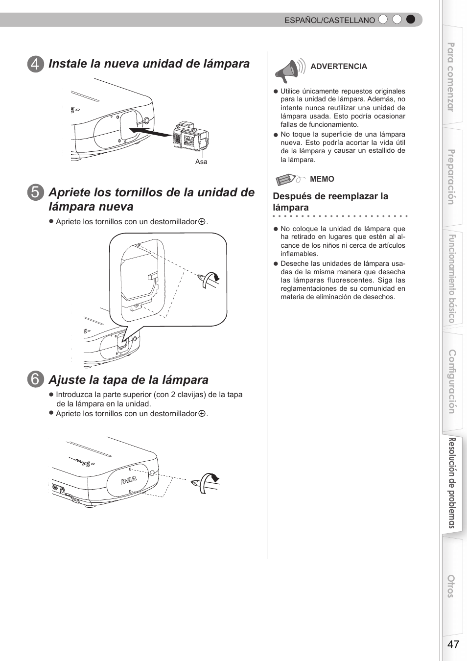 Instale la nueva unidad de lámpara, Ajuste la tapa de la lámpara | JVC DLA-HD350 User Manual | Page 48 / 58