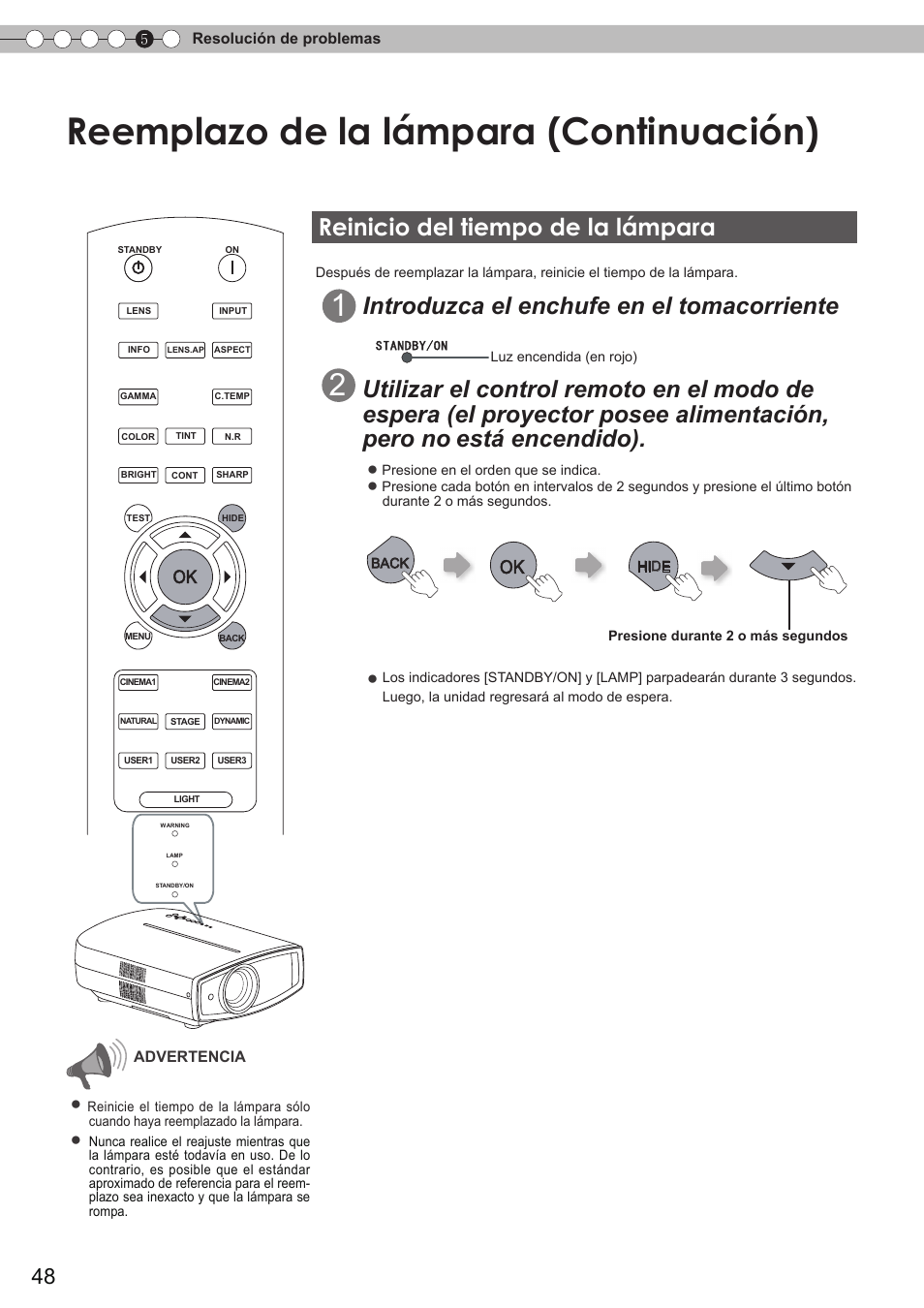Del tiempo de la lámpara, Reemplazo de la lámpara (continuación), Reinicio del tiempo de la lámpara | Introduzca el enchufe en el tomacorriente | JVC DLA-HD350 User Manual | Page 49 / 58