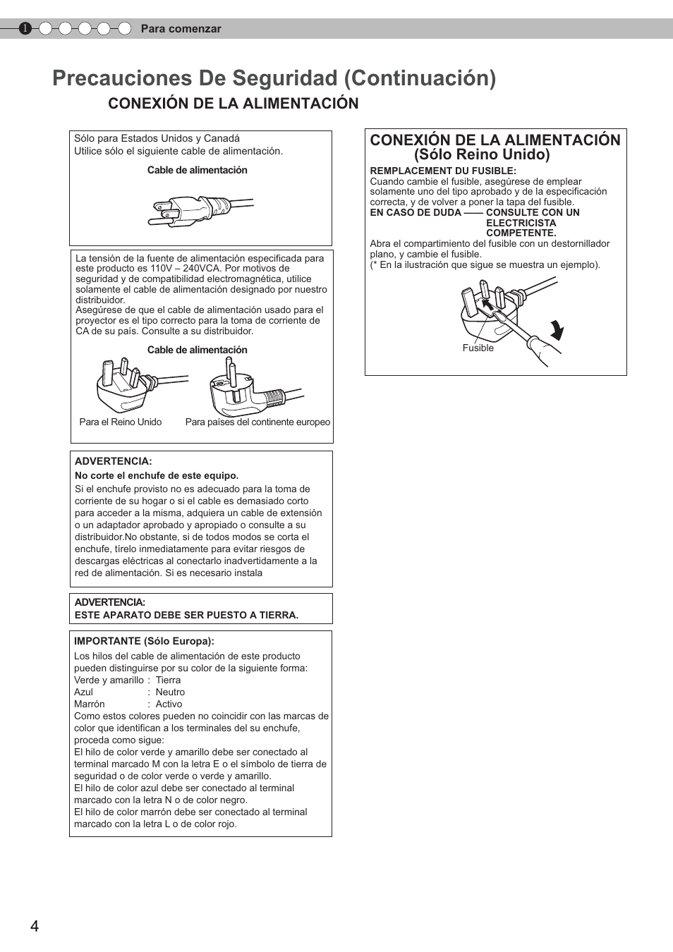 Precauciones de seguridad (continuación), Conexión de la alimentación, Conexión de la alimentación (sólo reino unido) | JVC DLA-HD350 User Manual | Page 5 / 58