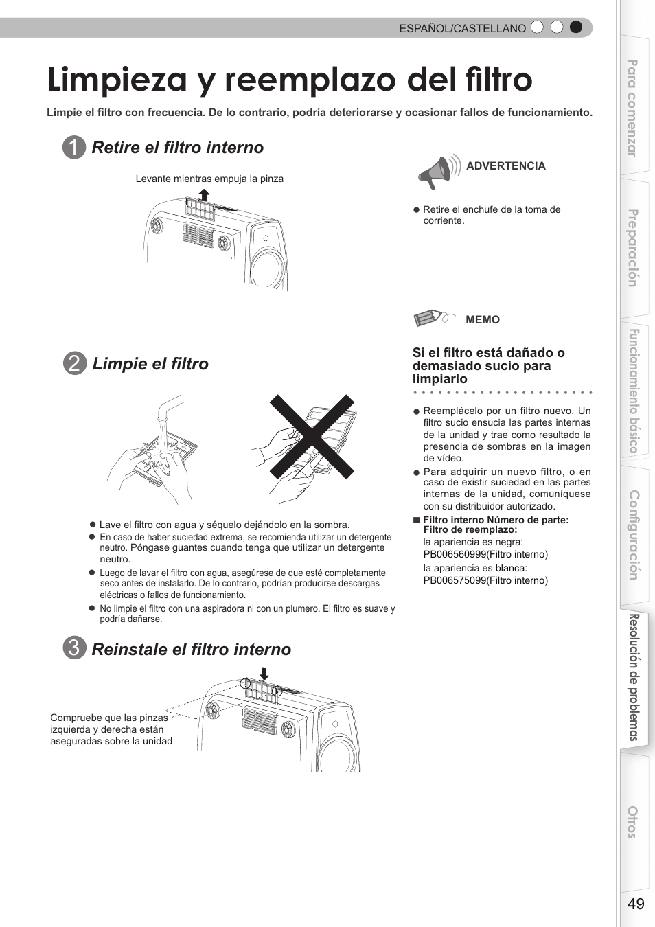 Limpieza y reemplazo del filtro, Filtro, Retire el filtro interno | Reinstale el filtro interno, Limpie el filtro | JVC DLA-HD350 User Manual | Page 50 / 58