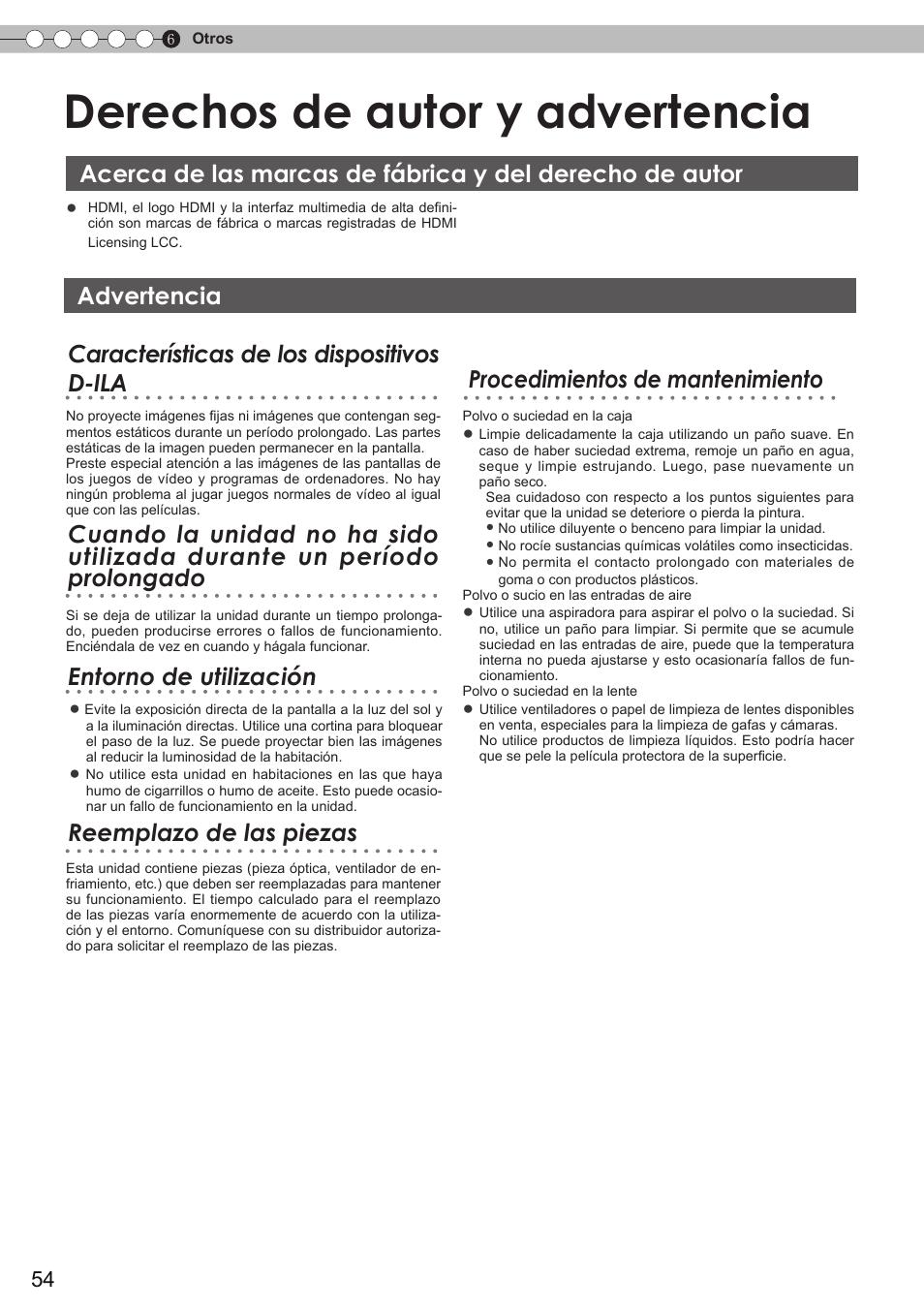 Derechos de autor y advertencia, Acerca de las marcas de fábrica y del, Advertencia | JVC DLA-HD350 User Manual | Page 55 / 58