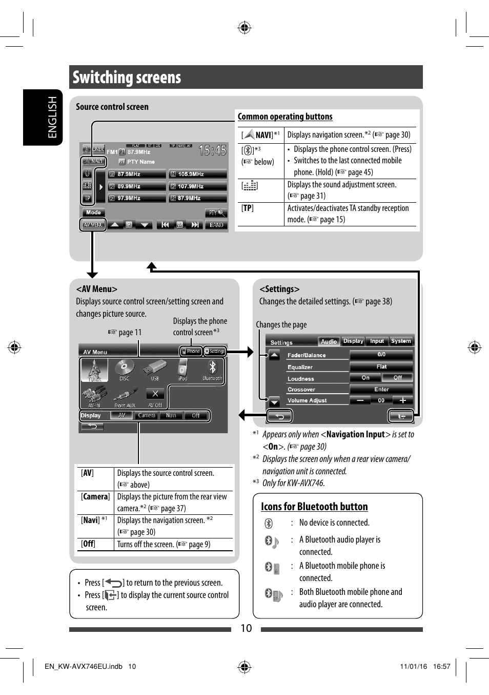 Switching screens, 10 english, Icons for bluetooth button | JVC KW-AVX746 User Manual | Page 10 / 197