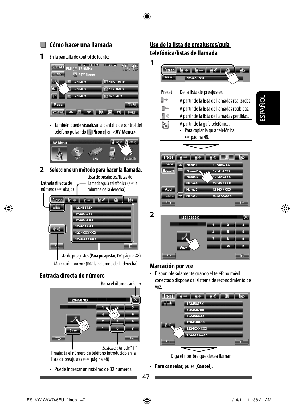 Cómo hacer una llamada | JVC KW-AVX746 User Manual | Page 111 / 197