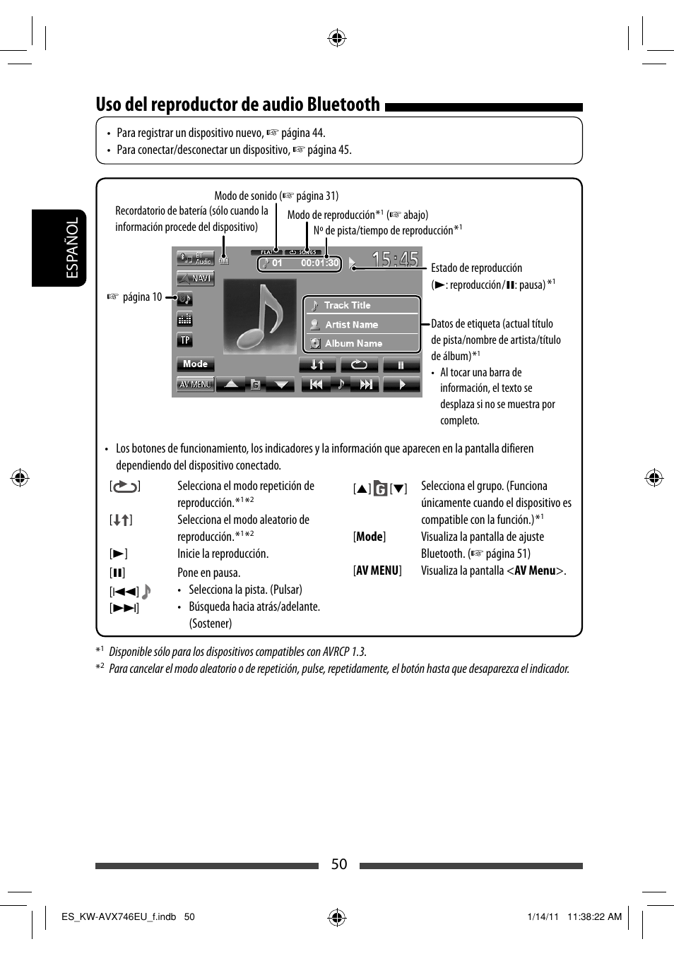 Uso del reproductor de audio bluetooth, 50 esp añol | JVC KW-AVX746 User Manual | Page 114 / 197