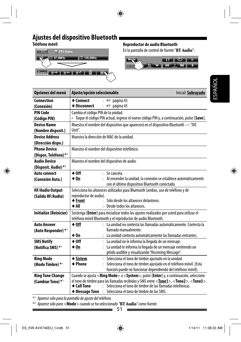 Ajustes del dispositivo bluetooth, 51 esp añol | JVC KW-AVX746 User Manual | Page 115 / 197