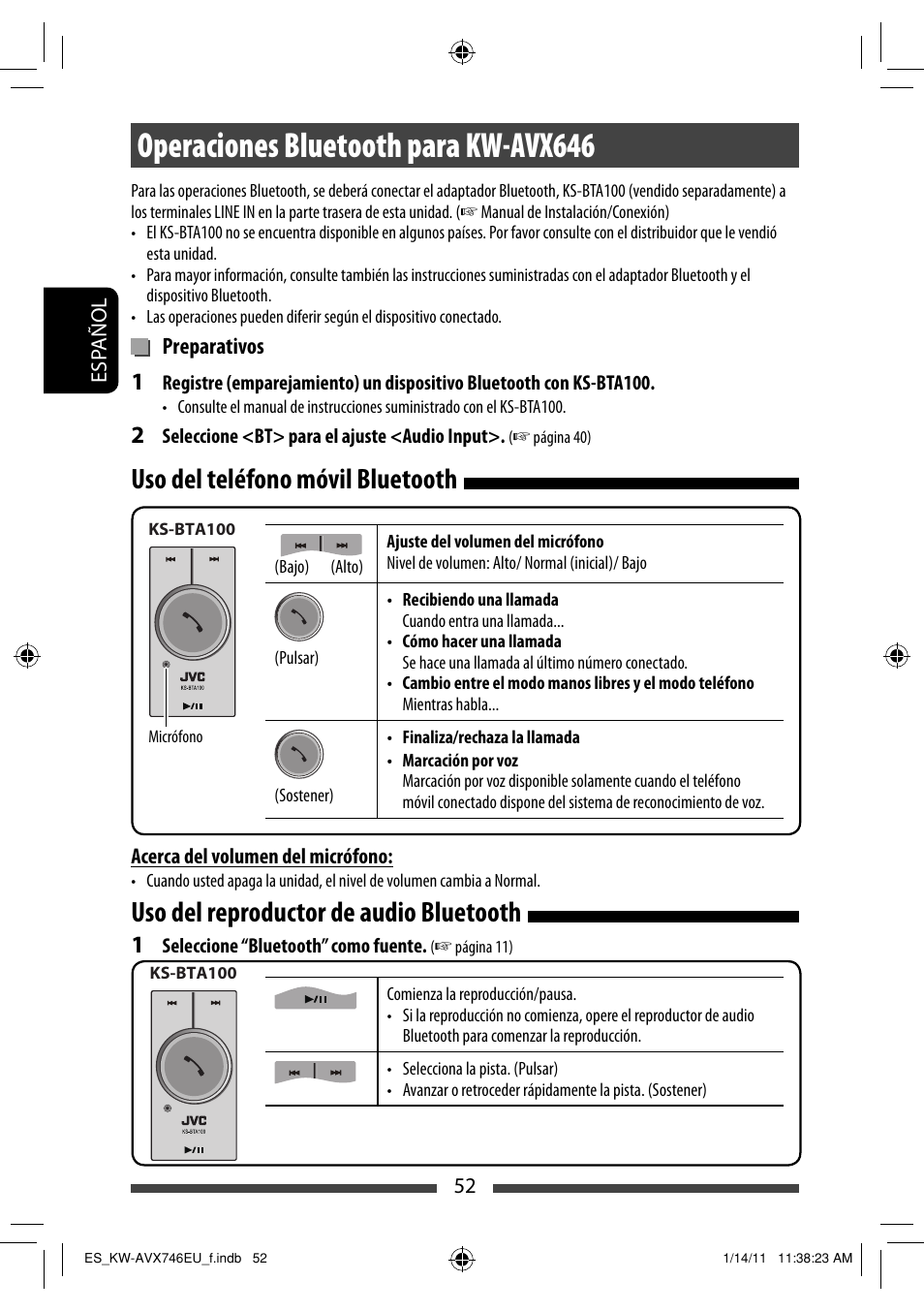 Operaciones bluetooth para kw-avx646, Uso del teléfono móvil bluetooth, Uso del reproductor de audio bluetooth | JVC KW-AVX746 User Manual | Page 116 / 197