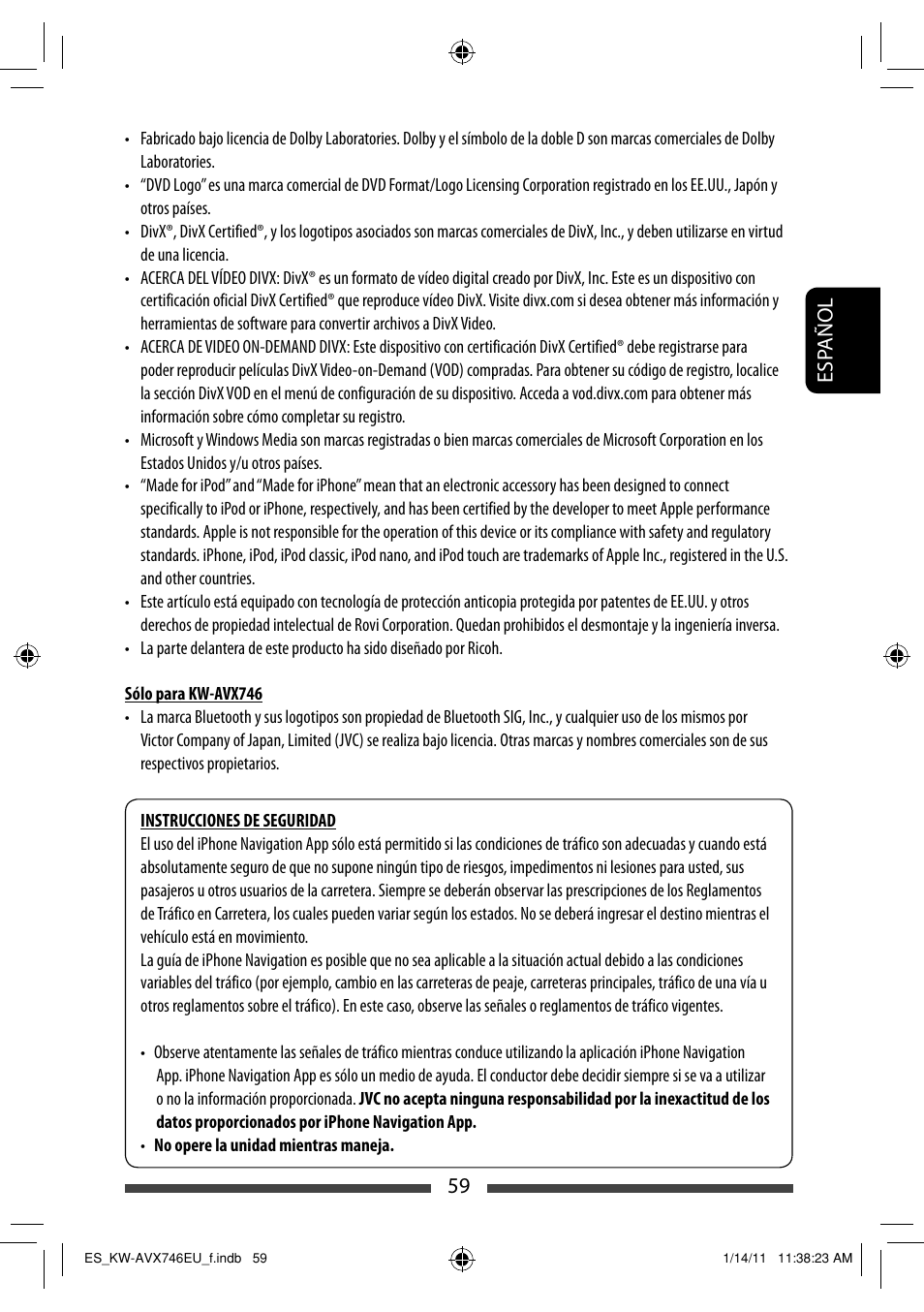 59 esp añol | JVC KW-AVX746 User Manual | Page 123 / 197