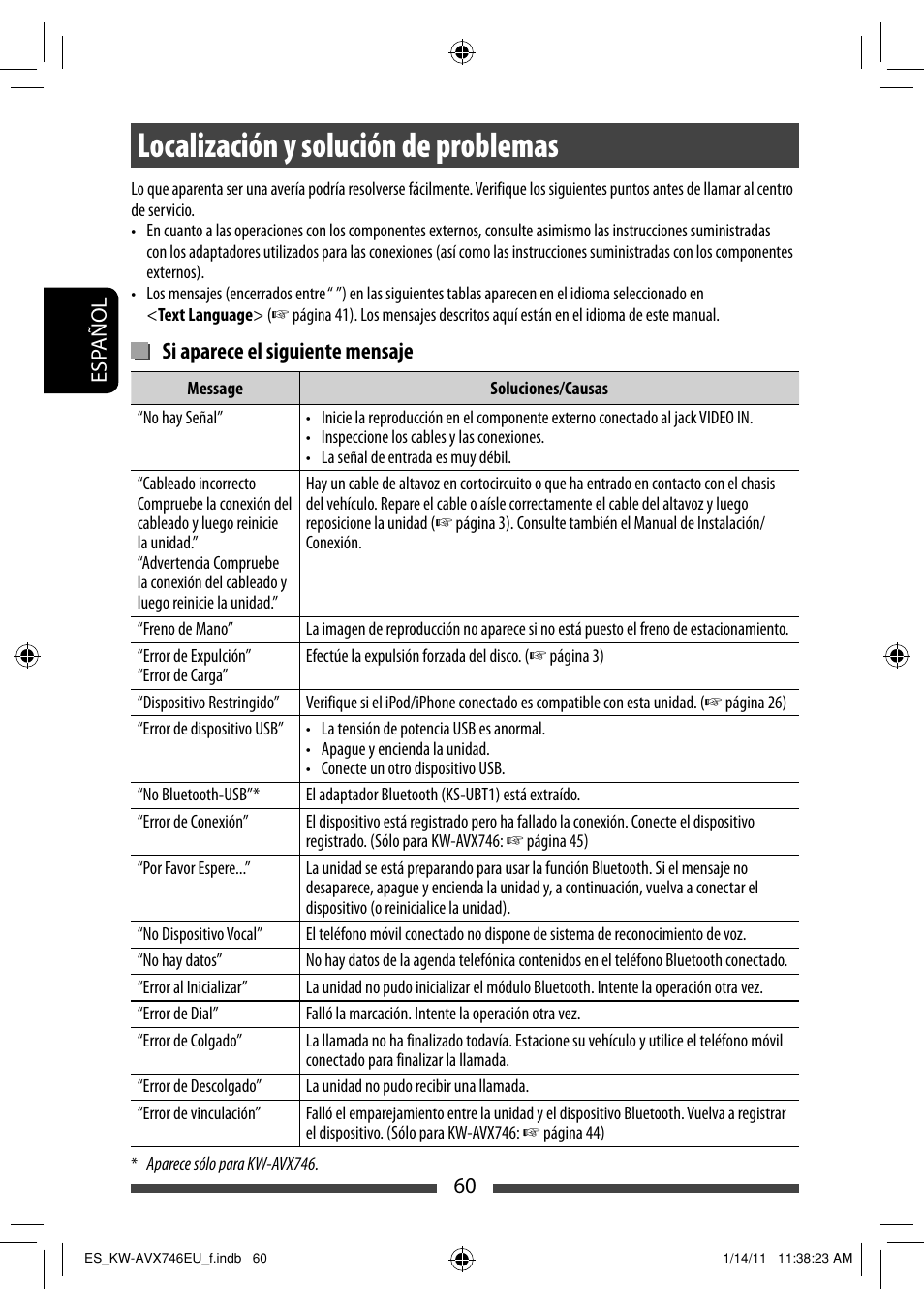 Localización y solución de problemas, Si aparece el siguiente mensaje | JVC KW-AVX746 User Manual | Page 124 / 197