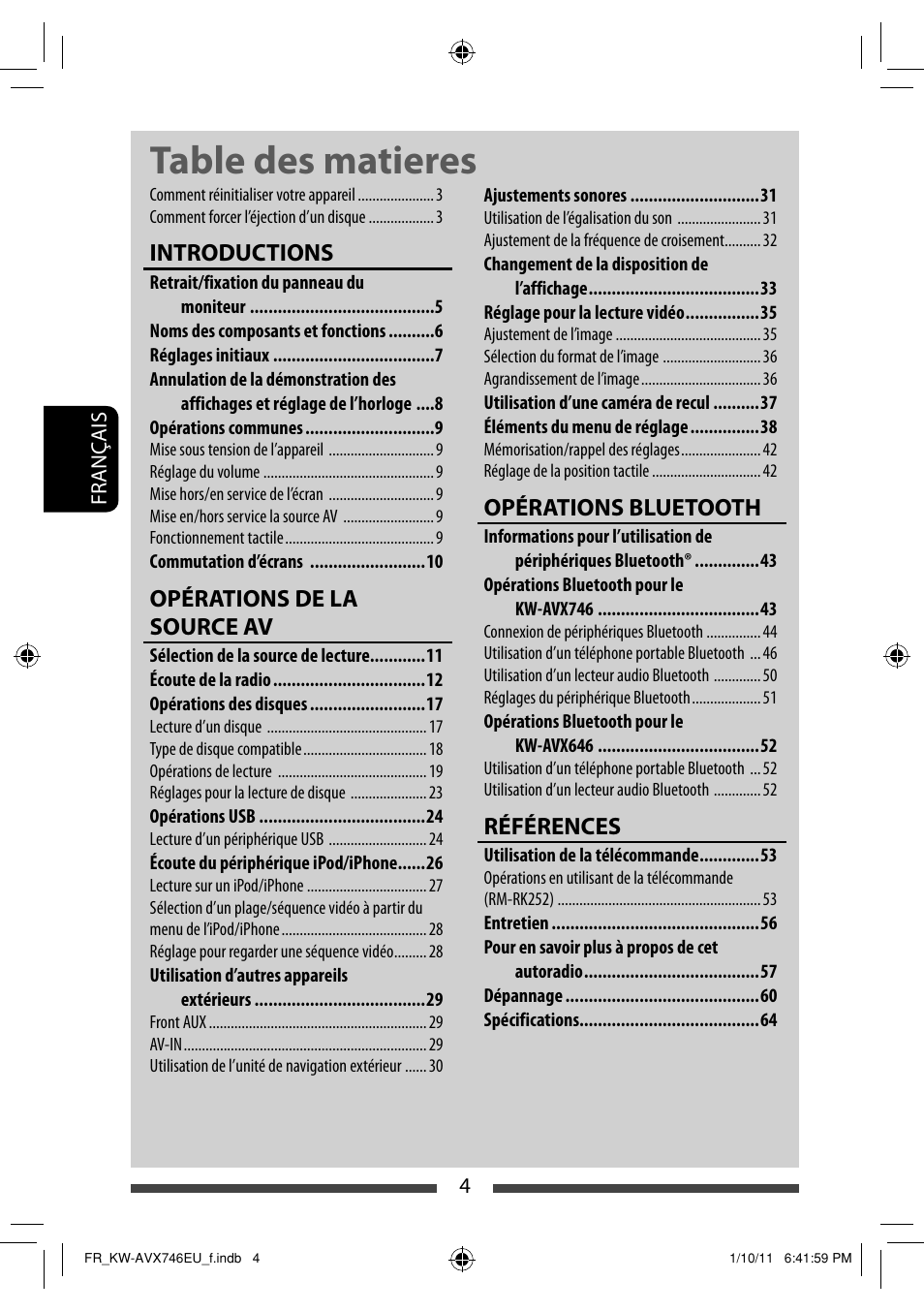 Table des matieres, Introductions, Opérations de la source av | Opérations bluetooth, Références | JVC KW-AVX746 User Manual | Page 132 / 197