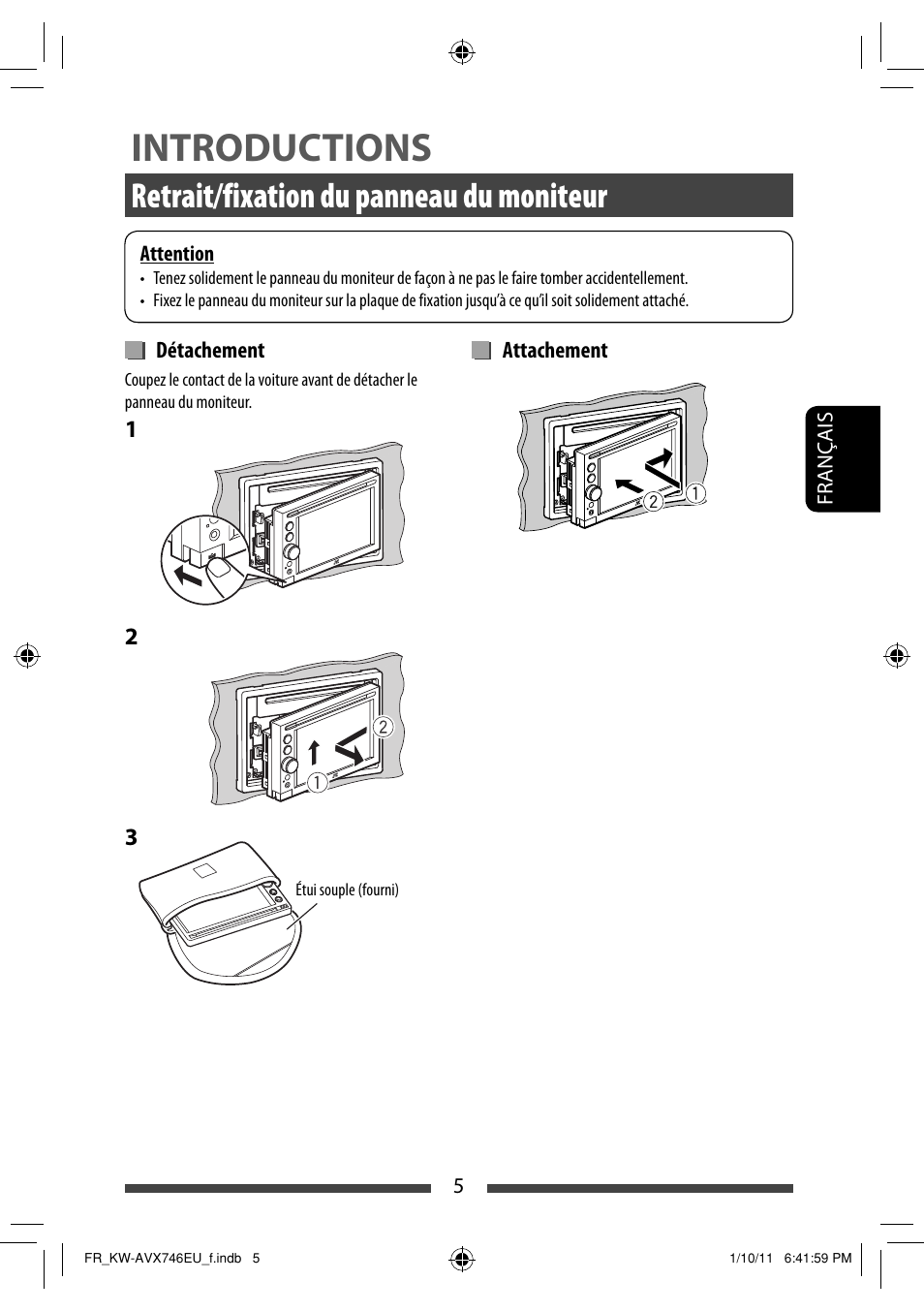 Introductions, Retrait/fixation du panneau du moniteur | JVC KW-AVX746 User Manual | Page 133 / 197