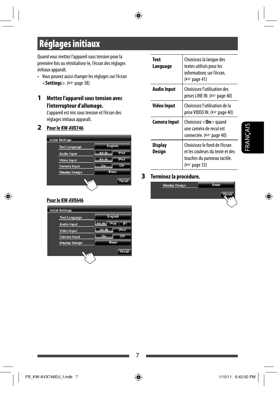 Réglages initiaux | JVC KW-AVX746 User Manual | Page 135 / 197