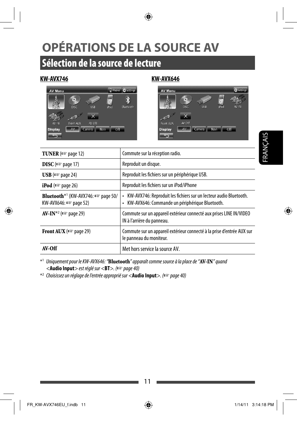 Opérations de la source av, Sélection de la source de lecture | JVC KW-AVX746 User Manual | Page 139 / 197