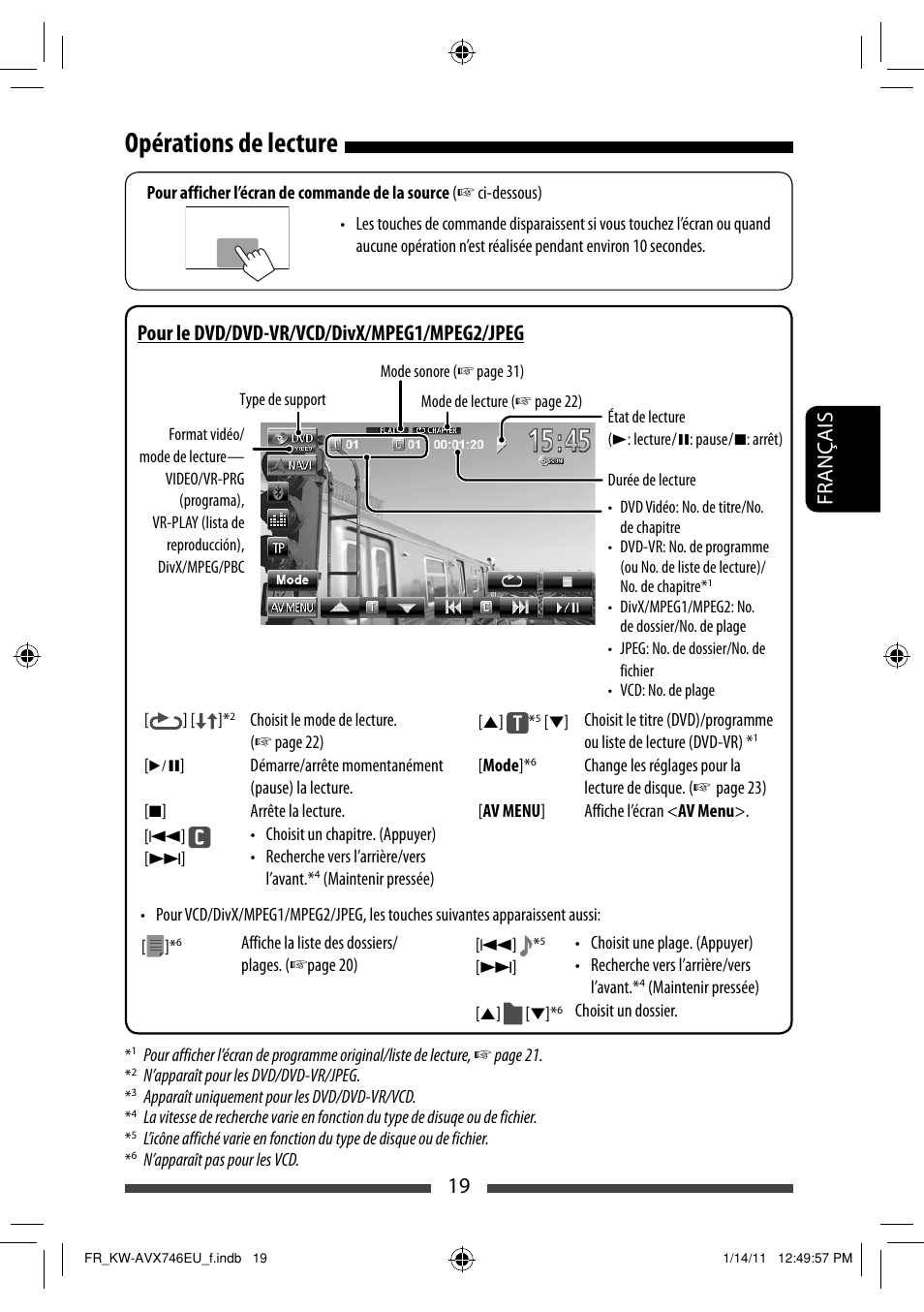 Opérations de lecture, 19 français, Pour le dvd/dvd-vr/vcd/divx/mpeg1/mpeg2/jpeg | JVC KW-AVX746 User Manual | Page 147 / 197