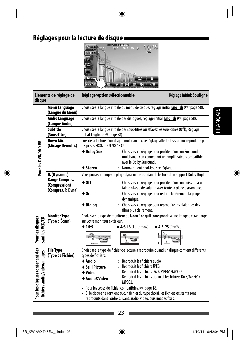 Réglages pour la lecture de disque | JVC KW-AVX746 User Manual | Page 151 / 197