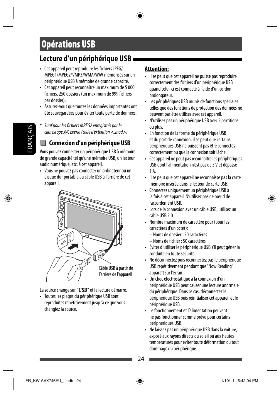 Opérations usb, Lecture d’un périphérique usb, Connexion d’un périphérique usb | JVC KW-AVX746 User Manual | Page 152 / 197