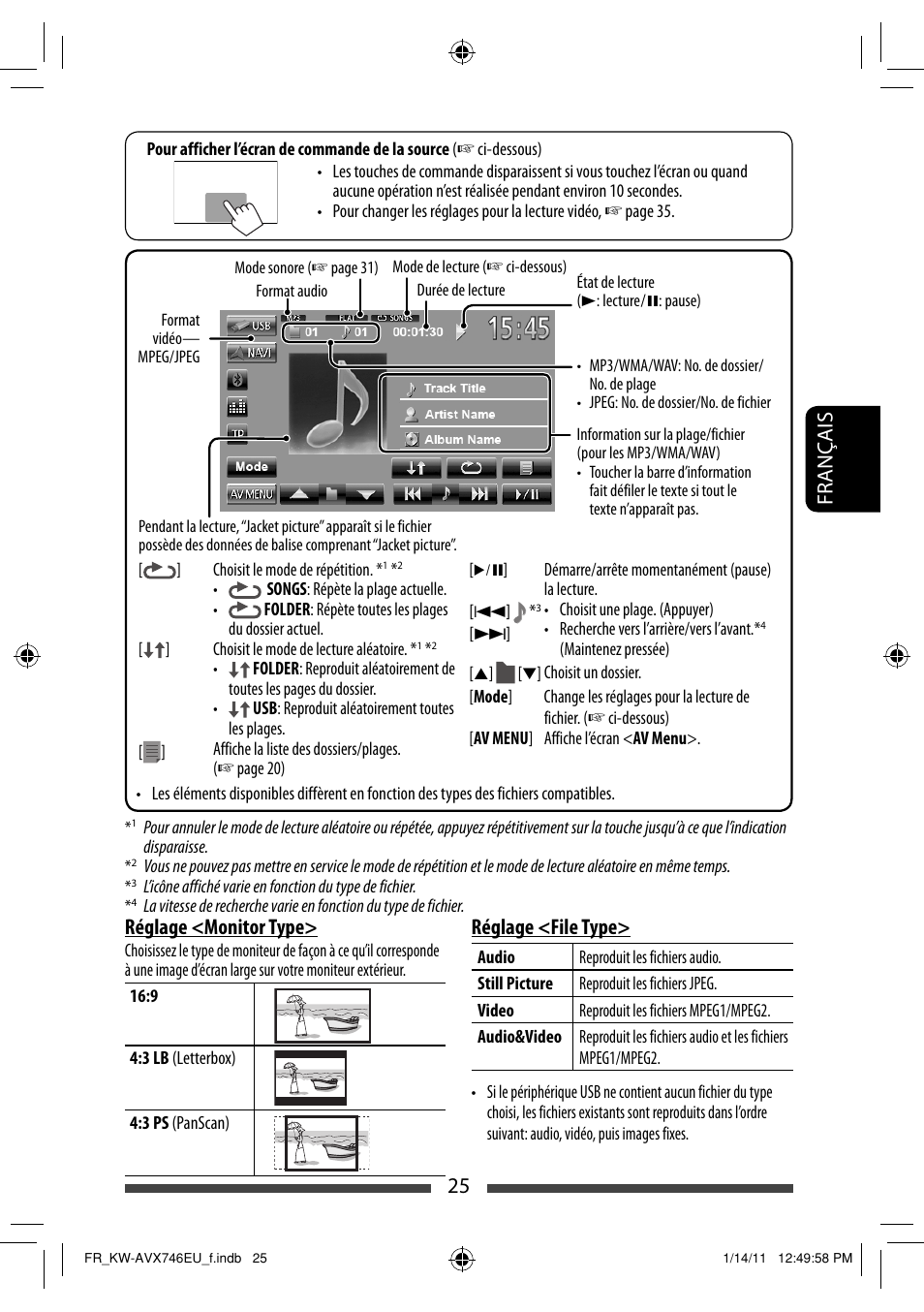 25 français, Réglage <file type, Réglage <monitor type | JVC KW-AVX746 User Manual | Page 153 / 197