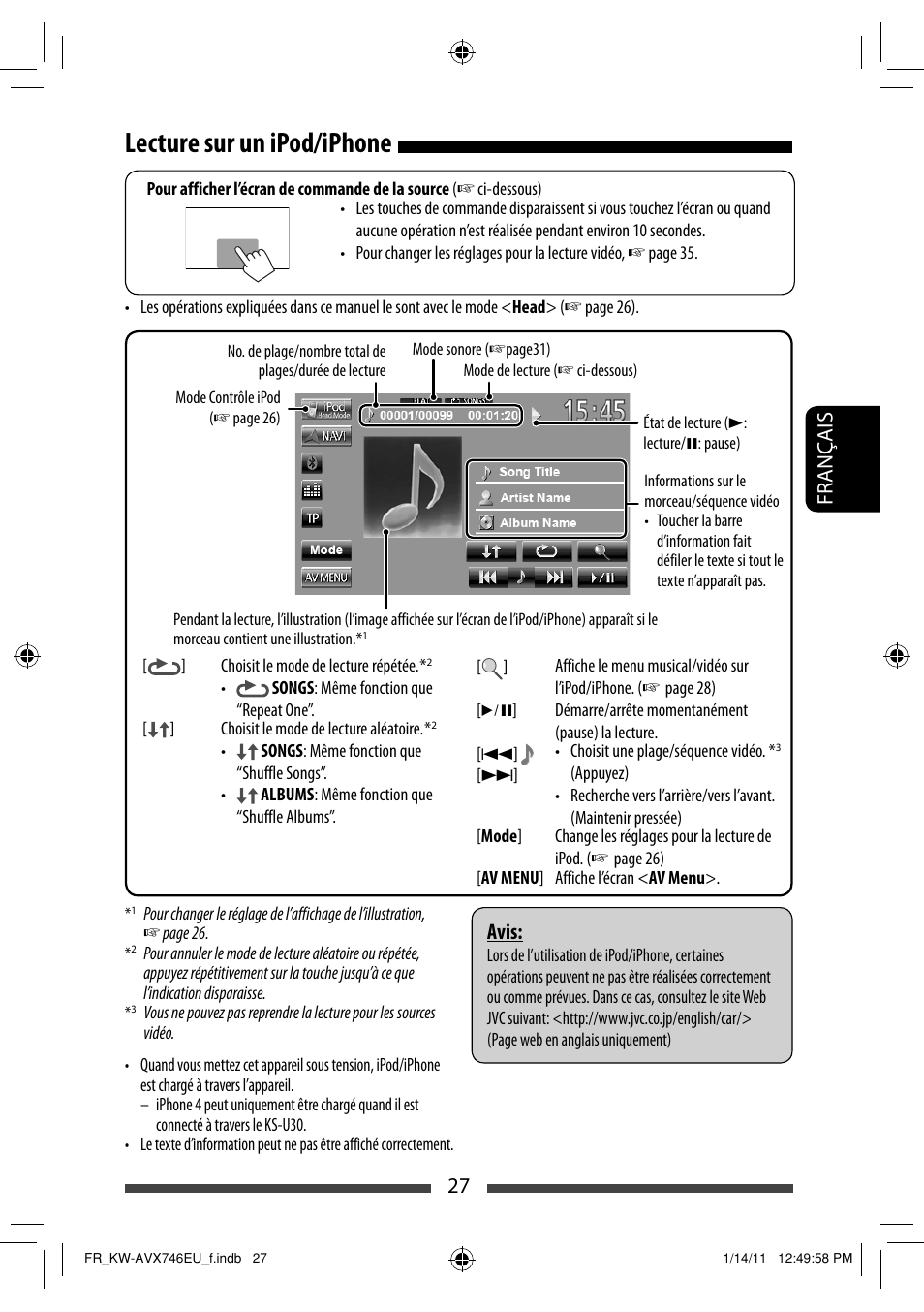 Lecture sur un ipod/iphone, 27 français, Avis | JVC KW-AVX746 User Manual | Page 155 / 197