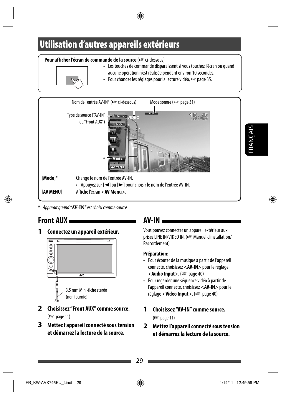 Utilisation d’autres appareils extérieurs, Front aux, Av-in | JVC KW-AVX746 User Manual | Page 157 / 197