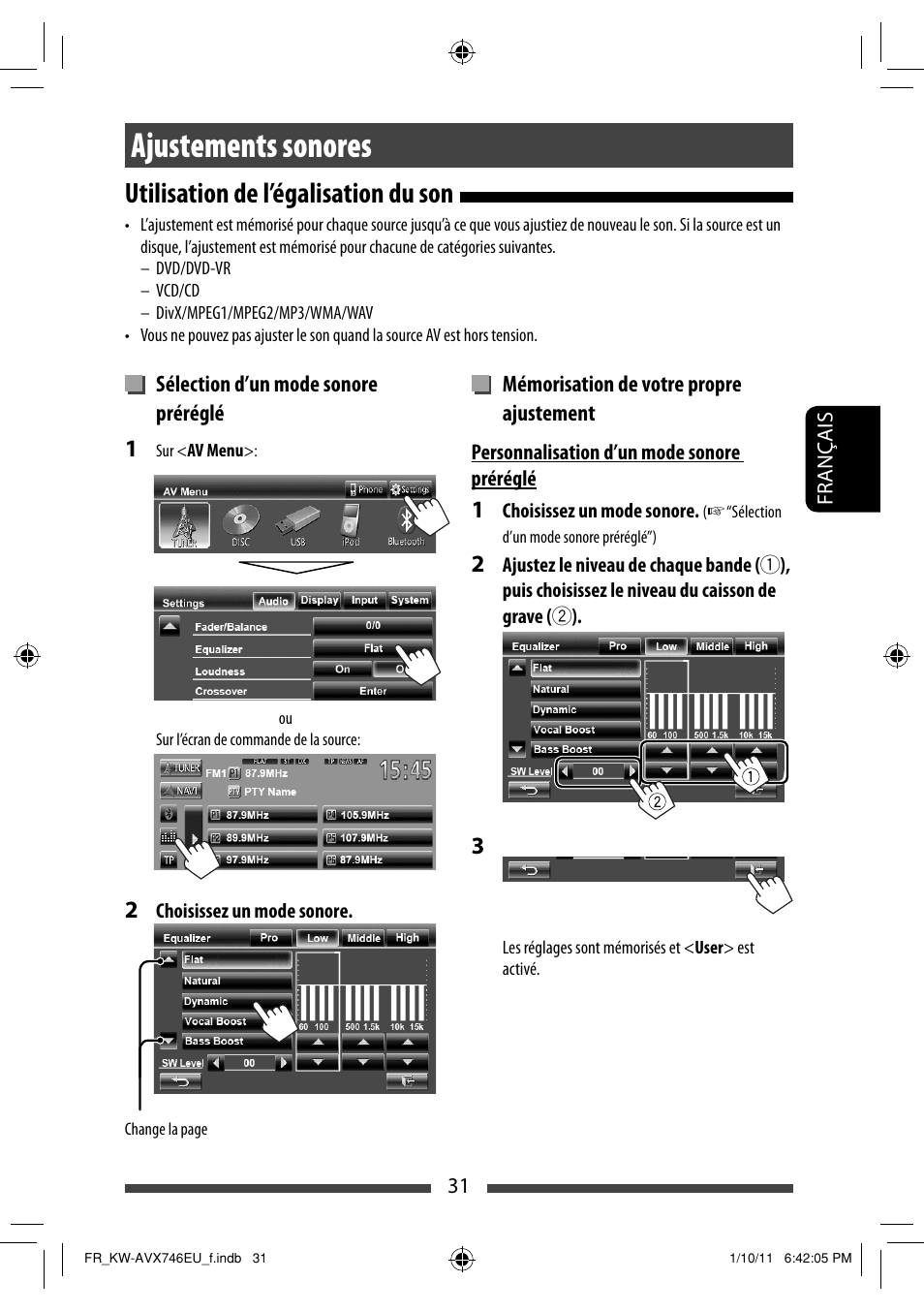 Ajustements sonores, Utilisation de l’égalisation du son | JVC KW-AVX746 User Manual | Page 159 / 197