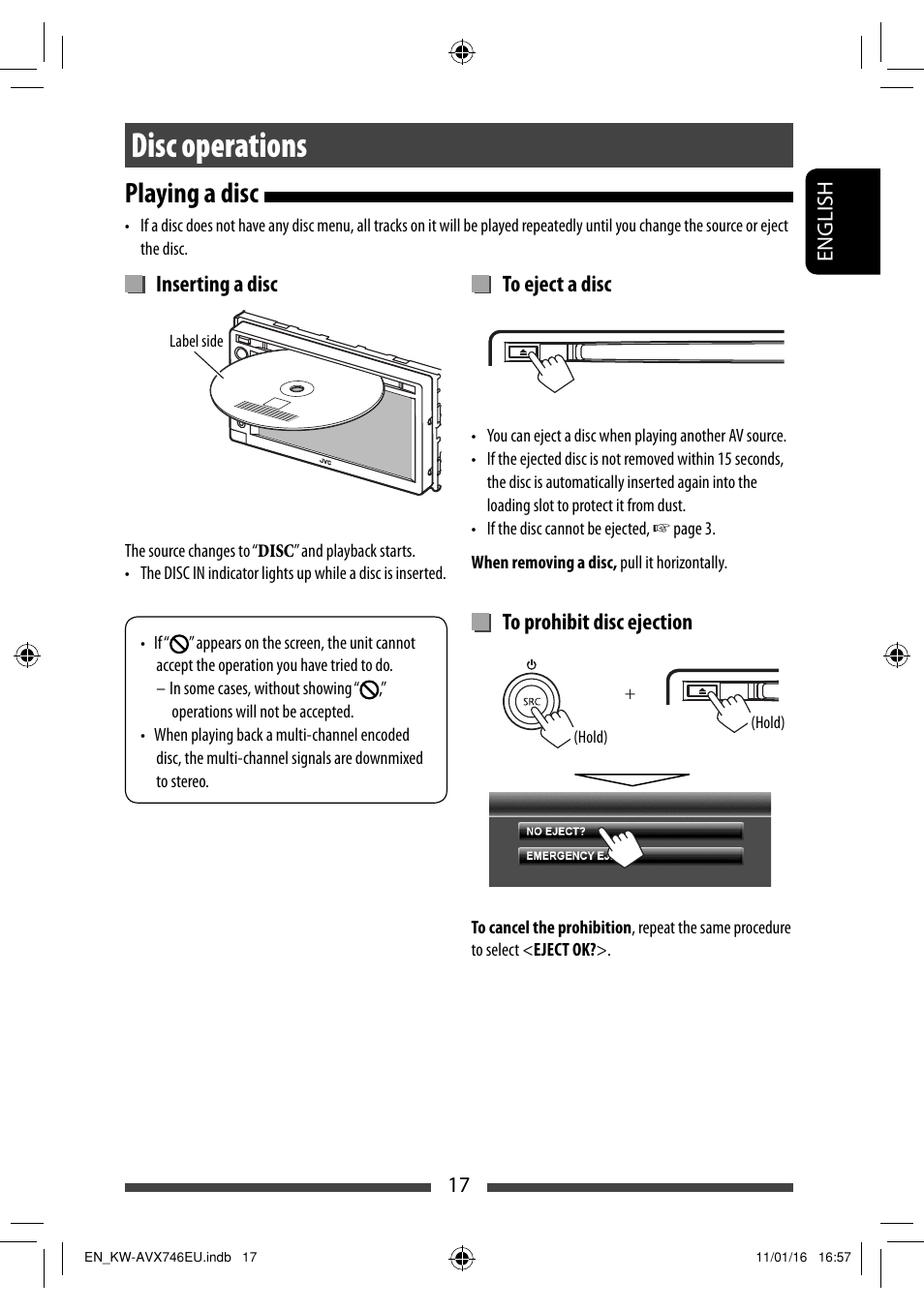 Disc operations, Playing a disc, Inserting a disc | JVC KW-AVX746 User Manual | Page 17 / 197