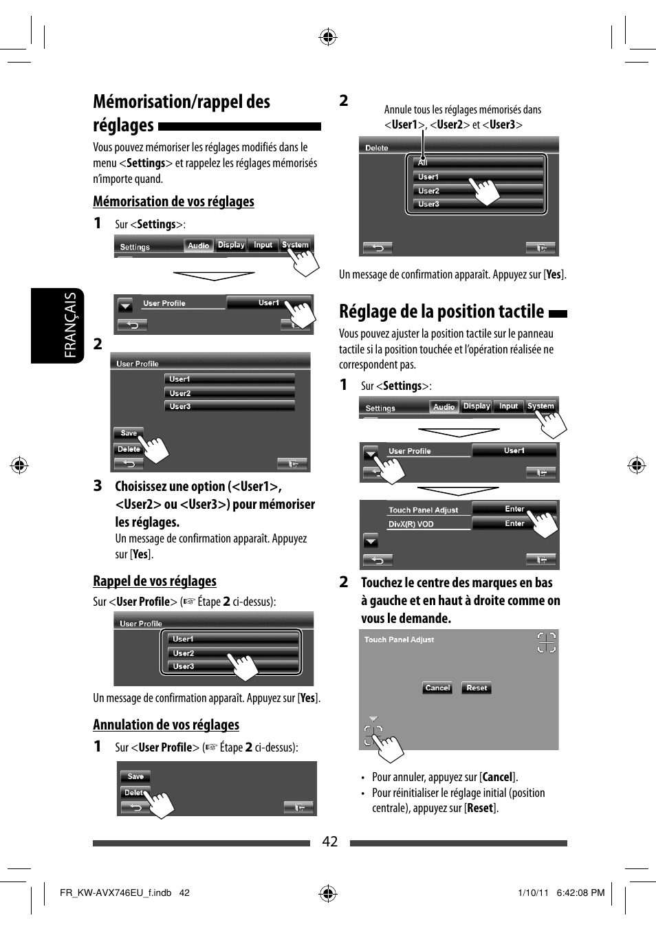 Mémorisation/rappel des réglages, Réglage de la position tactile | JVC KW-AVX746 User Manual | Page 170 / 197