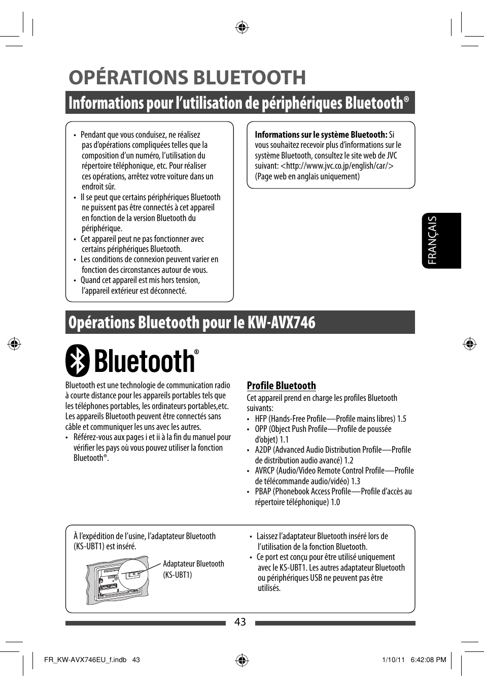 Opérations bluetooth, Opérations bluetooth pour le kw-avx746 | JVC KW-AVX746 User Manual | Page 171 / 197