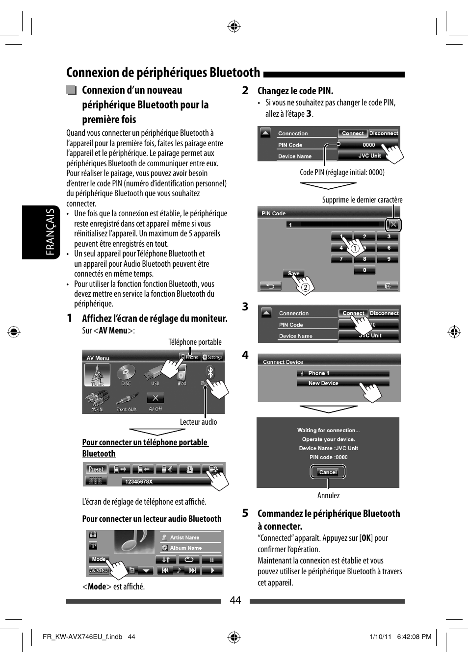 Connexion de périphériques bluetooth | JVC KW-AVX746 User Manual | Page 172 / 197