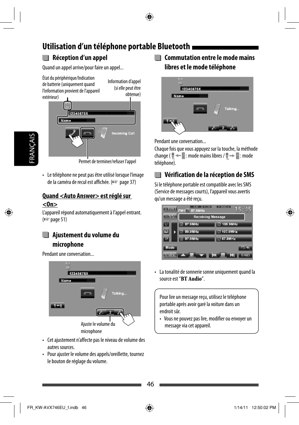 Utilisation d’un téléphone portable bluetooth, Réception d’un appel, Ajustement du volume du microphone | Vérification de la réception de sms | JVC KW-AVX746 User Manual | Page 174 / 197