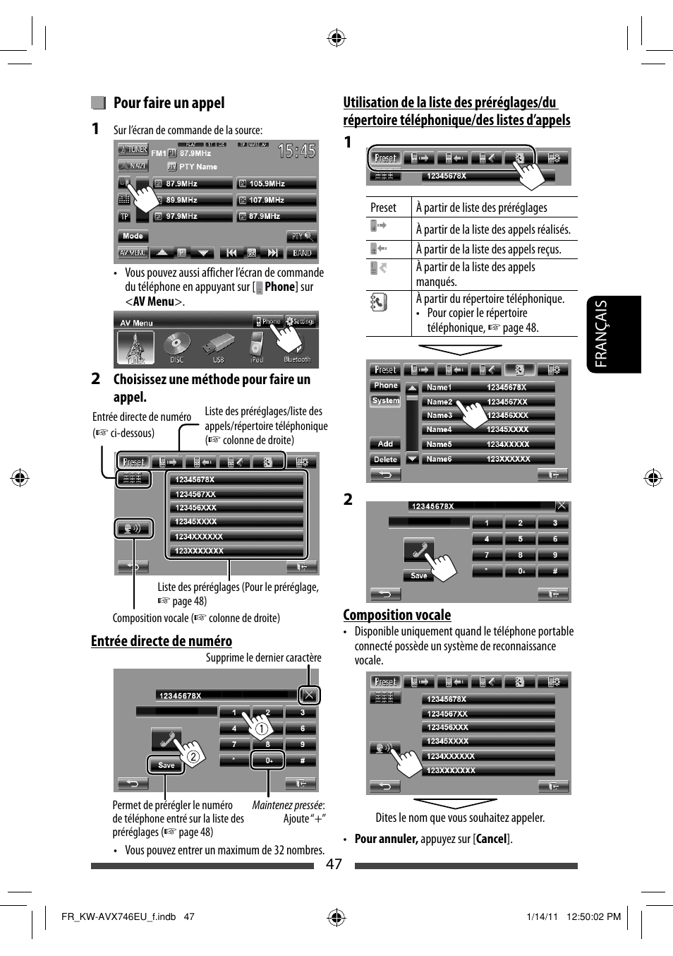 Pour faire un appel | JVC KW-AVX746 User Manual | Page 175 / 197