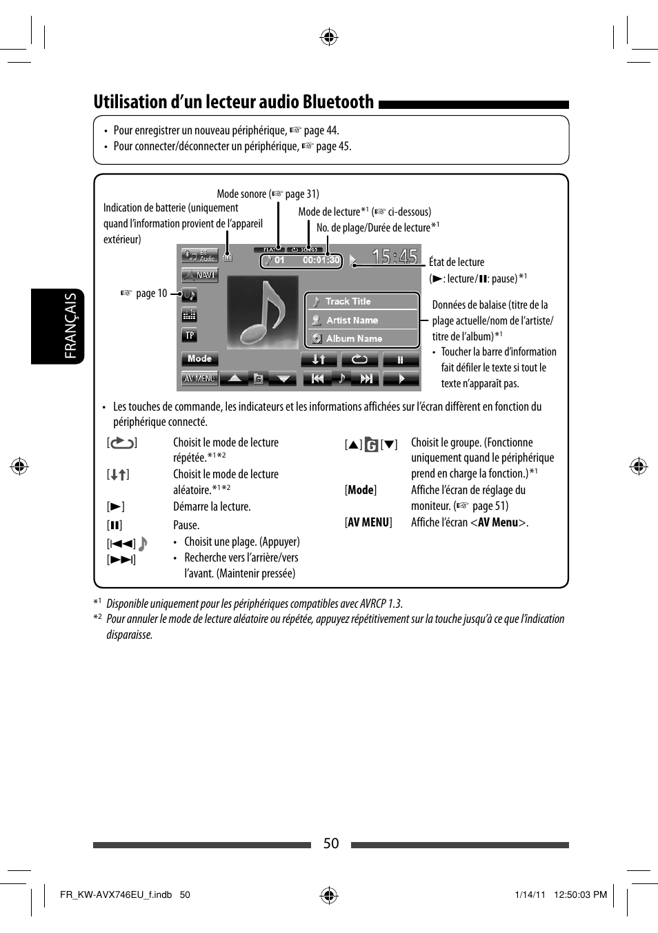 Utilisation d’un lecteur audio bluetooth, 50 français | JVC KW-AVX746 User Manual | Page 178 / 197