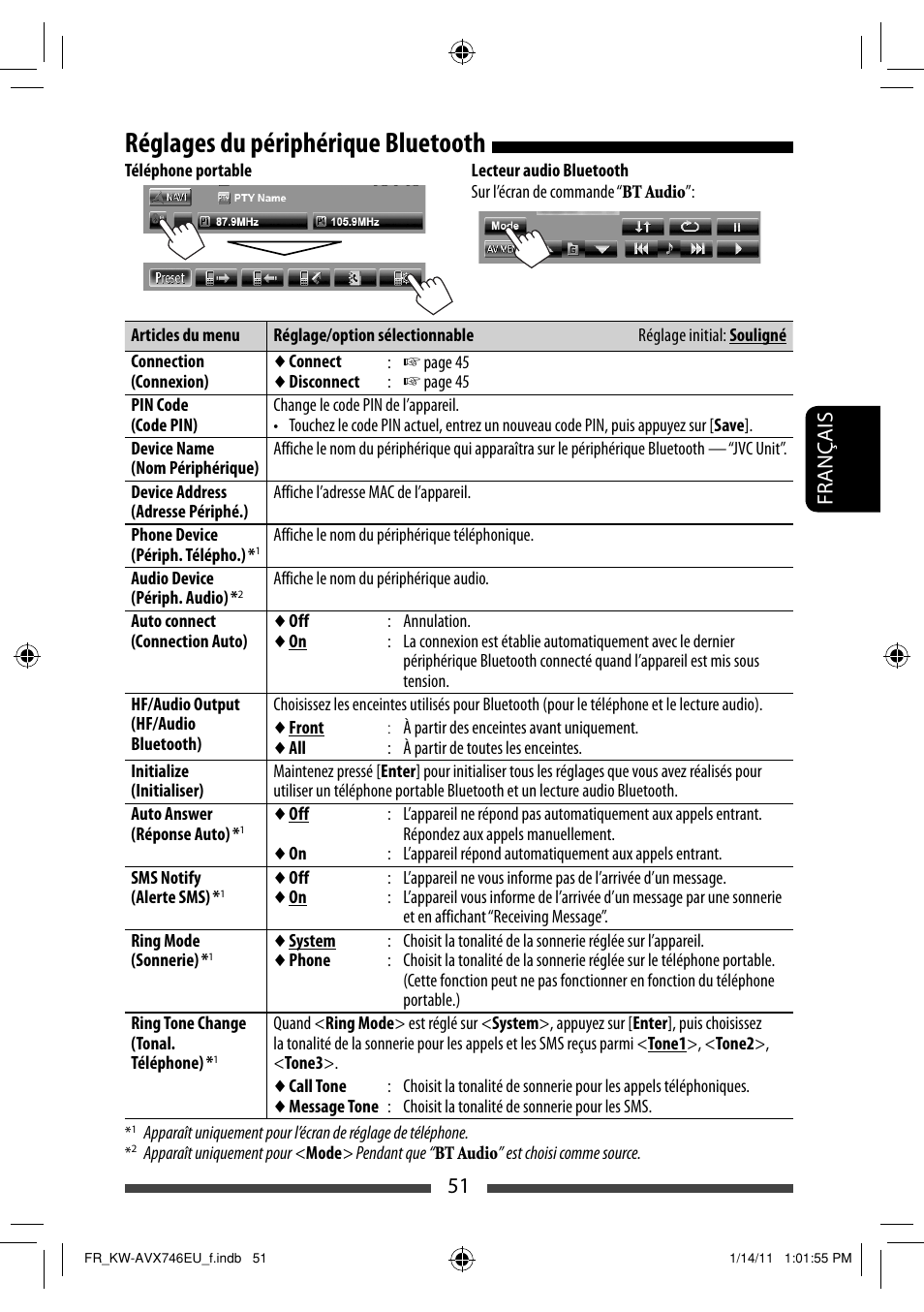 Réglages du périphérique bluetooth, 51 français | JVC KW-AVX746 User Manual | Page 179 / 197