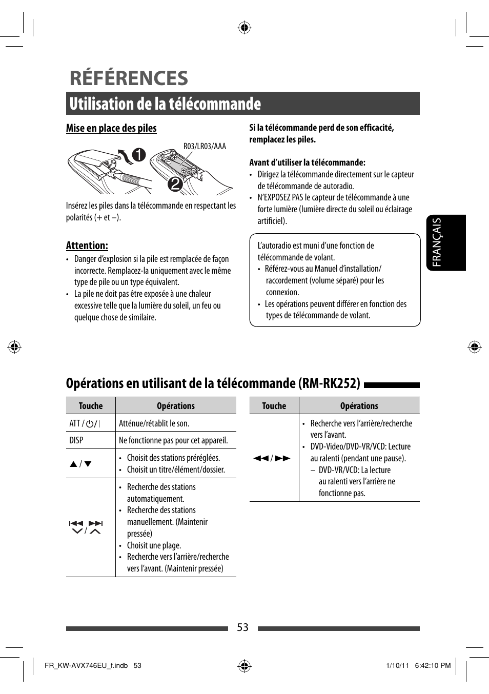 Références, Utilisation de la télécommande | JVC KW-AVX746 User Manual | Page 181 / 197