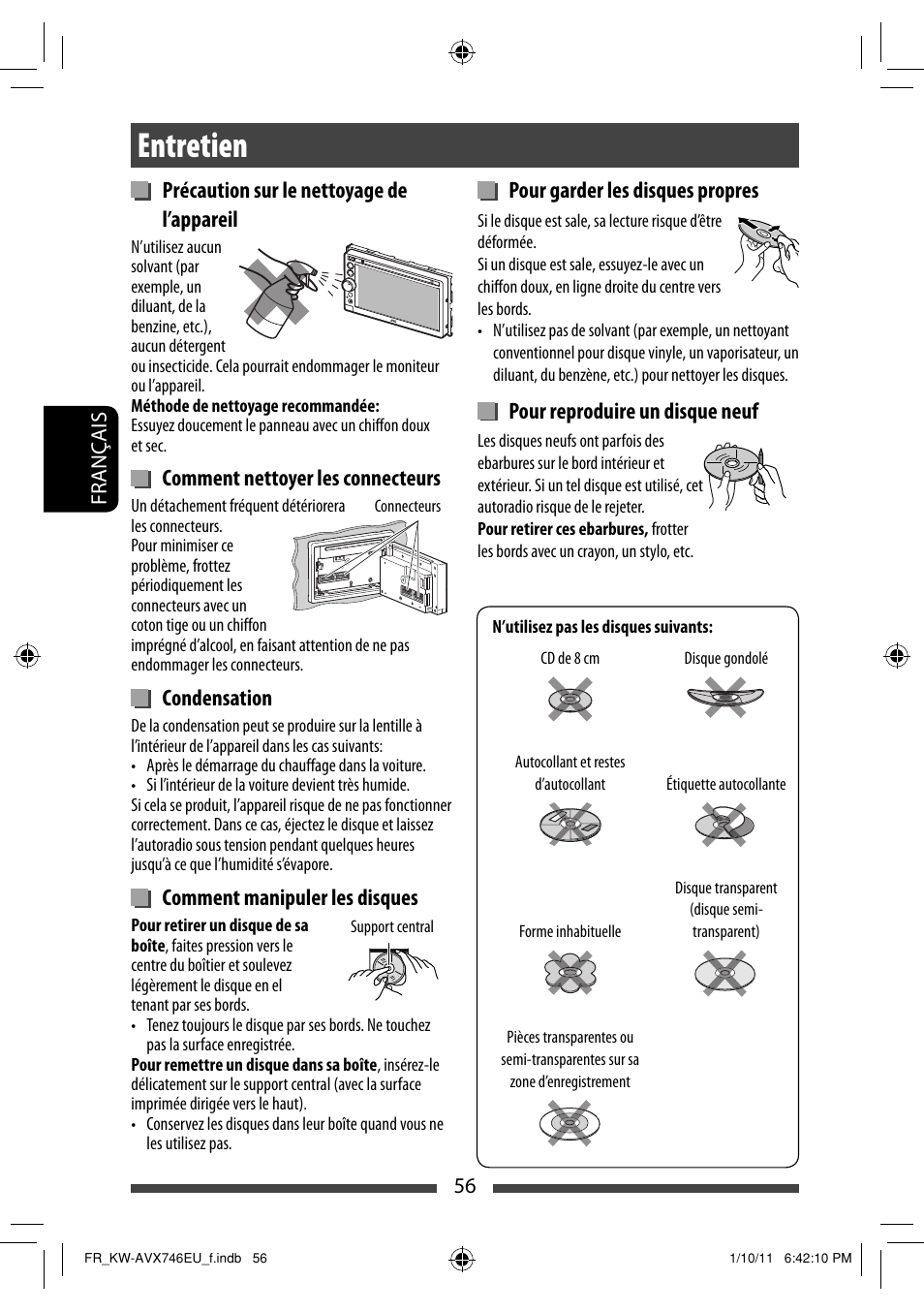 Entretien, Précaution sur le nettoyage de l’appareil, Comment nettoyer les connecteurs | Condensation, Comment manipuler les disques, Pour garder les disques propres, Pour reproduire un disque neuf | JVC KW-AVX746 User Manual | Page 184 / 197