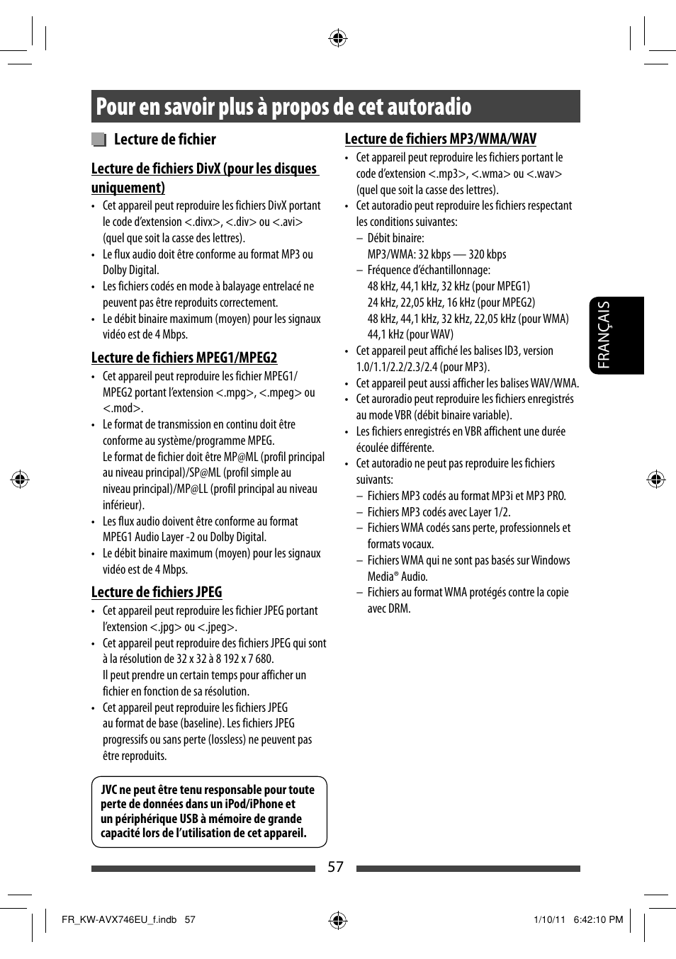 Pour en savoir plus à propos de cet autoradio, Lecture de fichier | JVC KW-AVX746 User Manual | Page 185 / 197