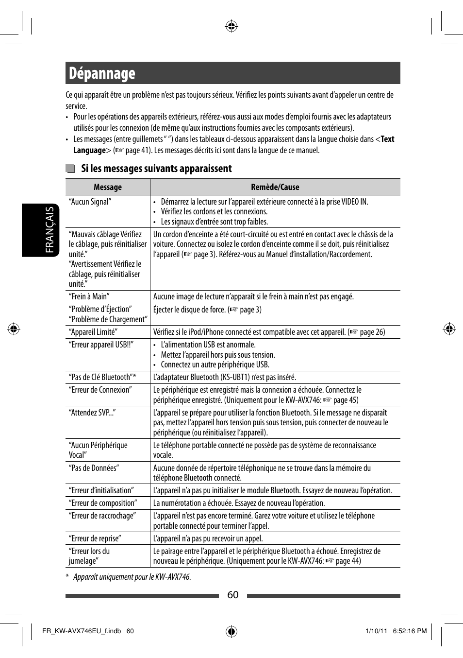 Dépannage, Si les messages suivants apparaissent | JVC KW-AVX746 User Manual | Page 188 / 197