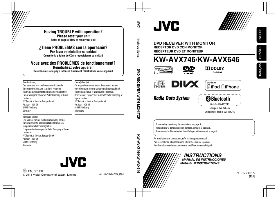 Instructions, Having trouble with operation, Tiene problemas con la operación | Vous avez des problèmes de fonctionnement, Dvd receiver with monitor | JVC KW-AVX746 User Manual | Page 196 / 197