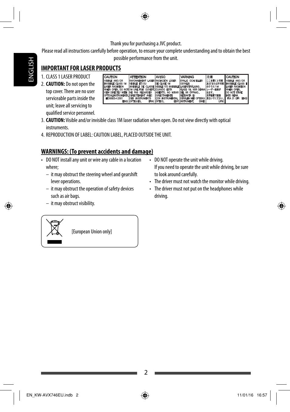 2english, Important for laser products, Warnings: (to prevent accidents and damage) | JVC KW-AVX746 User Manual | Page 2 / 197