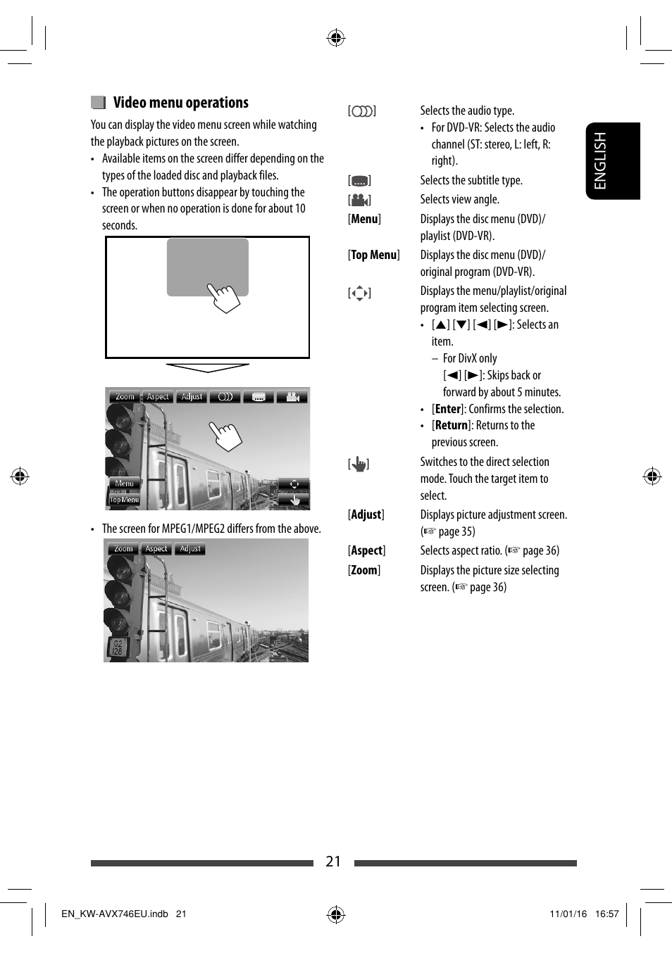 Video menu operations | JVC KW-AVX746 User Manual | Page 21 / 197