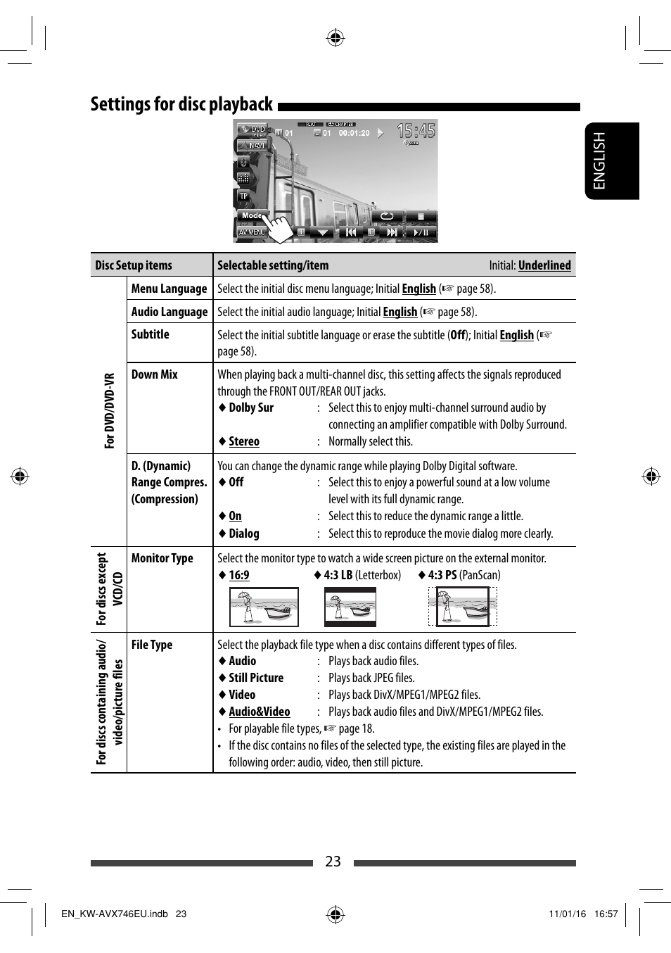 Settings for disc playback | JVC KW-AVX746 User Manual | Page 23 / 197