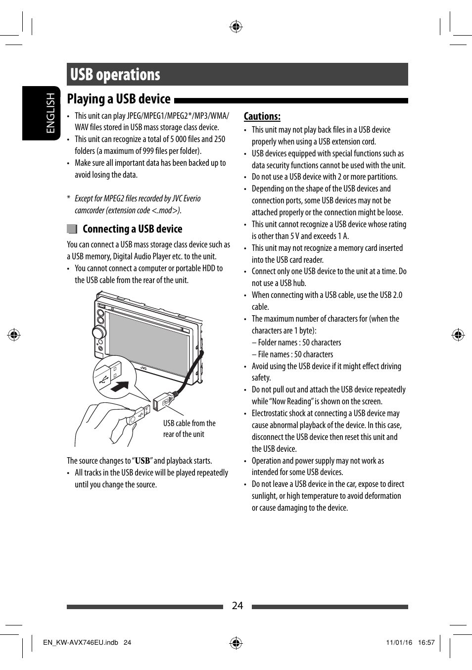 Usb operations, Playing a usb device, Connecting a usb device | JVC KW-AVX746 User Manual | Page 24 / 197