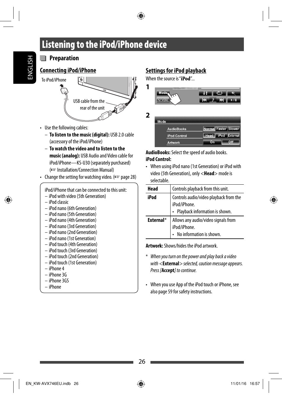 Listening to the ipod/iphone device, Preparation | JVC KW-AVX746 User Manual | Page 26 / 197