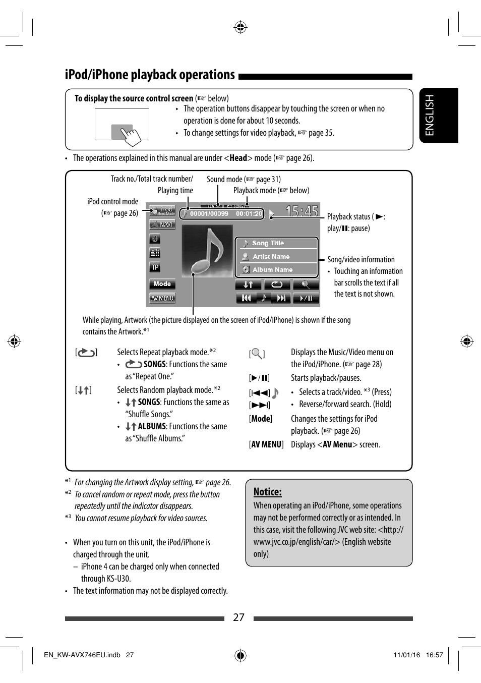 Ipod/iphone playback operations, 27 english, Notice | JVC KW-AVX746 User Manual | Page 27 / 197