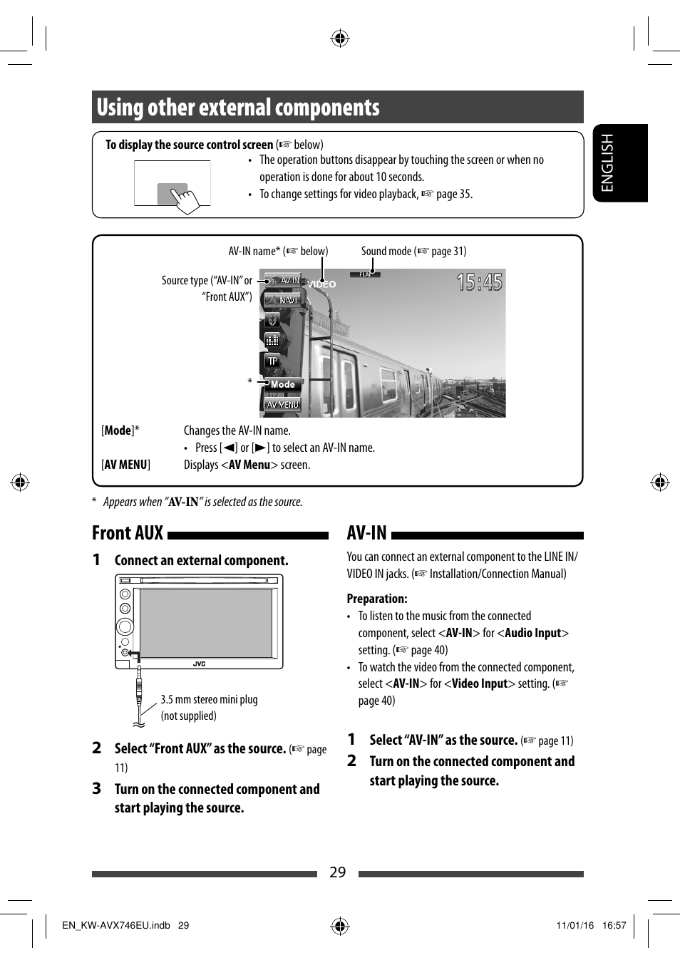 Using other external components, Front aux, Av-in | JVC KW-AVX746 User Manual | Page 29 / 197