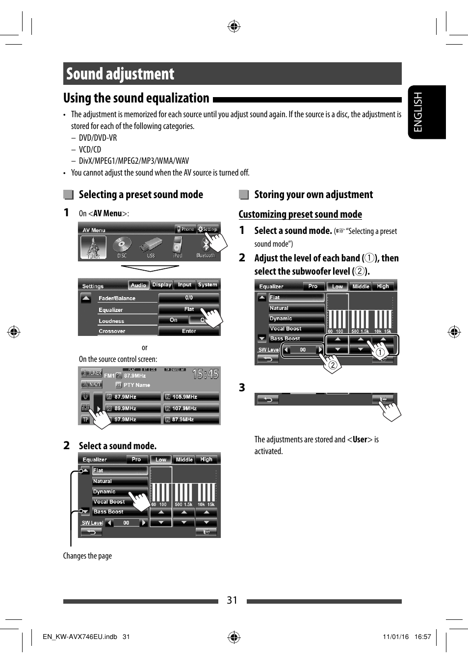 Sound adjustment, Using the sound equalization | JVC KW-AVX746 User Manual | Page 31 / 197