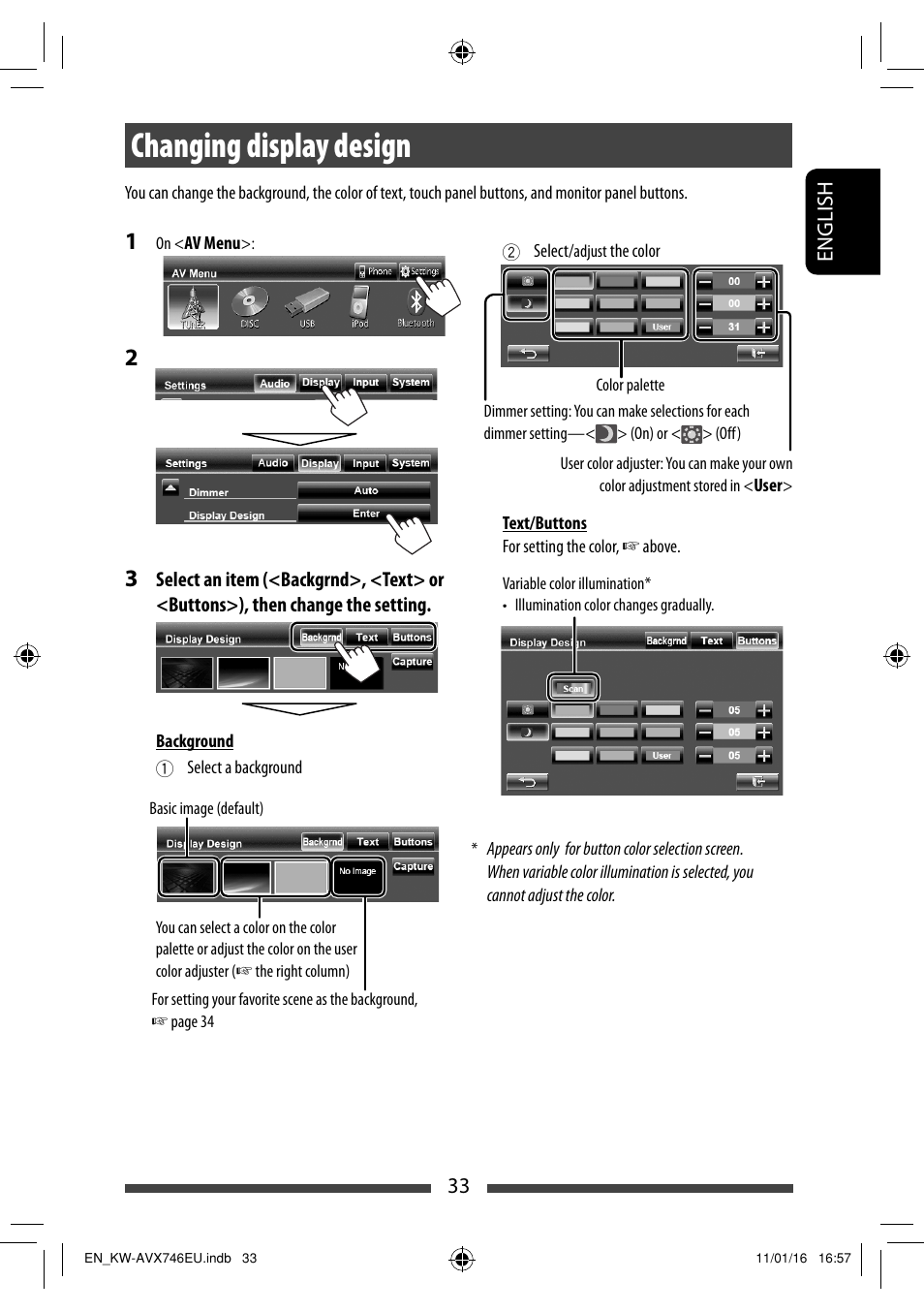 Changing display design | JVC KW-AVX746 User Manual | Page 33 / 197