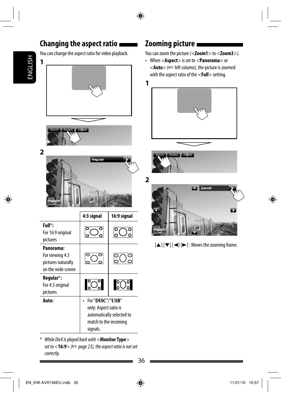 Changing the aspect ratio, Zooming picture | JVC KW-AVX746 User Manual | Page 36 / 197