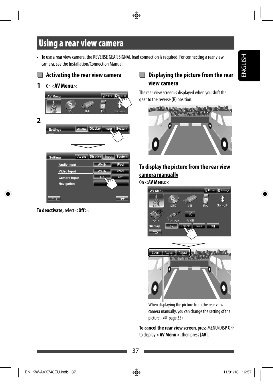 Using a rear view camera, Activating the rear view camera, Displaying the picture from the rear view camera | JVC KW-AVX746 User Manual | Page 37 / 197