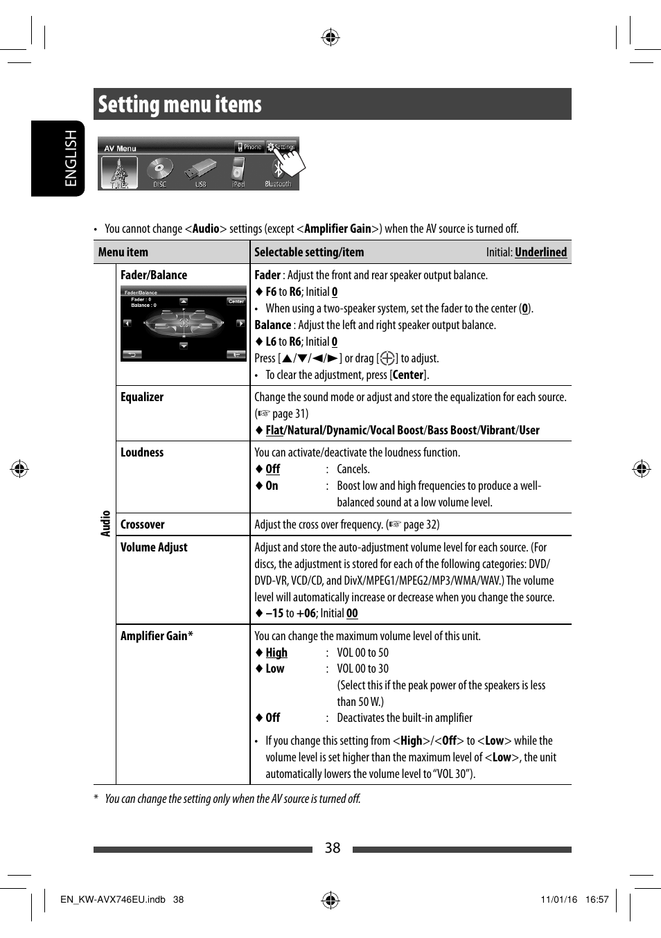 Setting menu items | JVC KW-AVX746 User Manual | Page 38 / 197